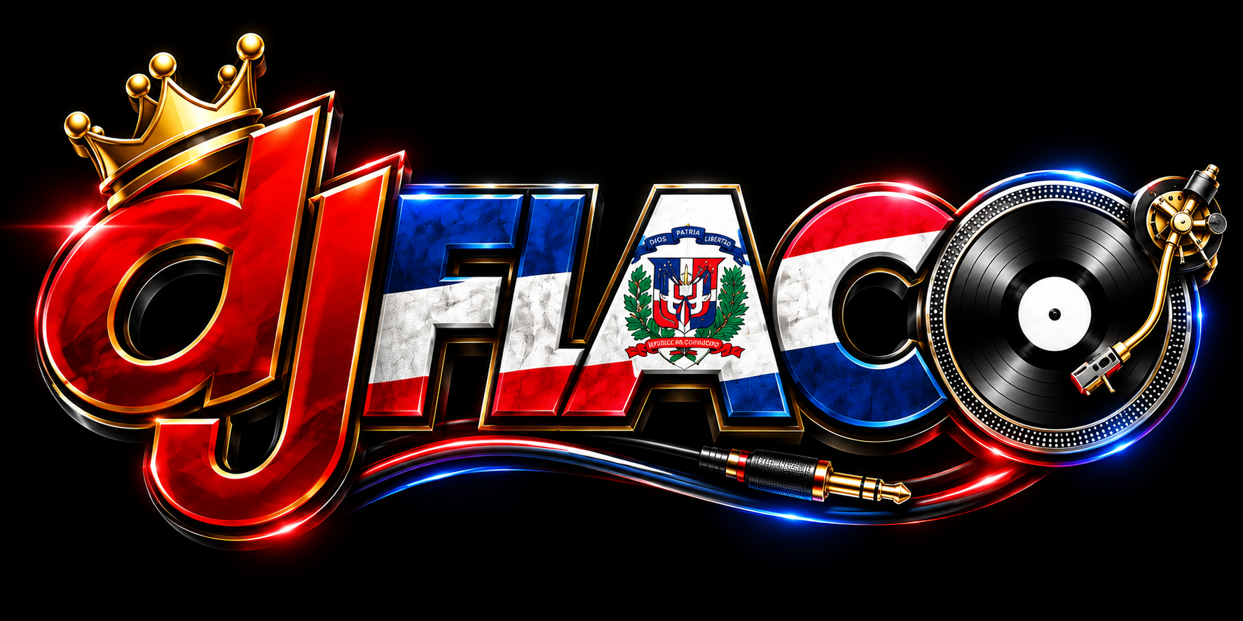 Official DJ FLACO logo with gold crown, Dominican Republic flag colors, and turntable
